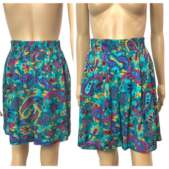 80s 90s High Waist Flowy Rayon Shorts Wide Leg Teal & Multicolor Floral Petite - Picture 5 of 10